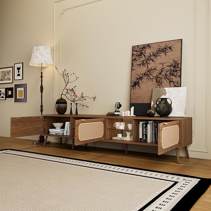 Marzzi Boho TV Stand for 85 Inch TV, 78" Entertainment Center with 3 Rattan Doors, Open Space with Glass Shelf, Walnut Media Console Cabinet for Living Room, Solid Wood Legs