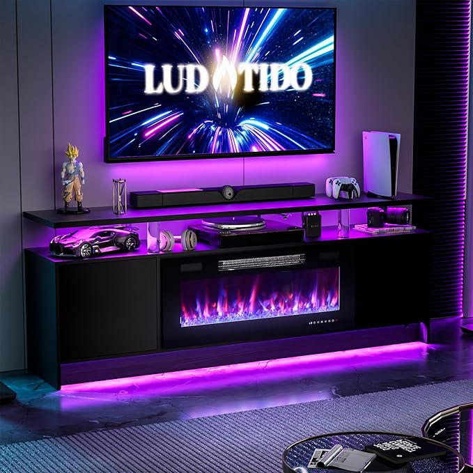 Ludatido 70 Inch TV Stand with 36 inch Electric Fireplace 27 Inch high LED Light Entertainment Center Easy to Assemble for TVs Up to 80'' with USB&AC Power Interface Black with Acrylic Support