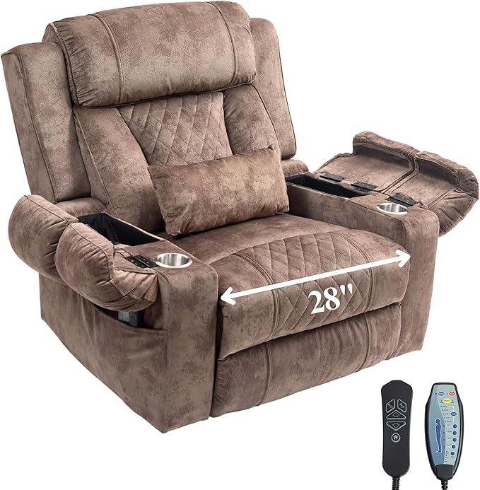Big Man Power Lift Recliner for Elderly Adults 28 Inch Wide Seat, Lay Flat Lift Chair with Heat Massage, Flip Arm Storage Cup Holders, USB Type C Charging, 400 lbs