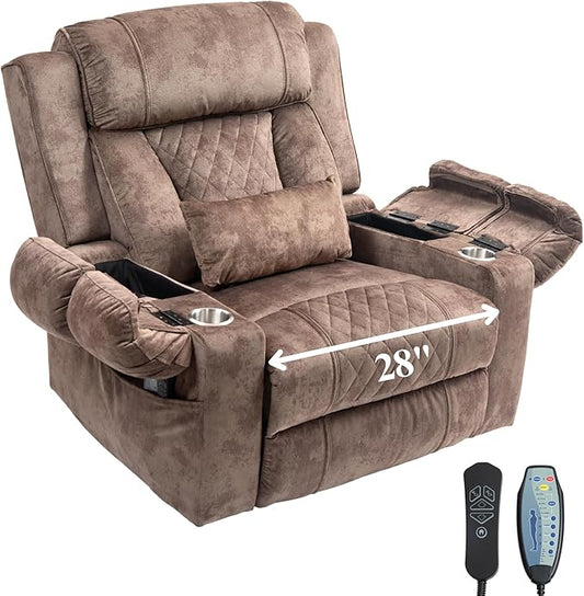 Big Man Power Lift Recliner for Elderly Adults 28 Inch Wide Seat, Lay Flat Lift Chair with Heat Massage, Flip Arm Storage Cup Holders, USB Type C Charging, 400 lbs