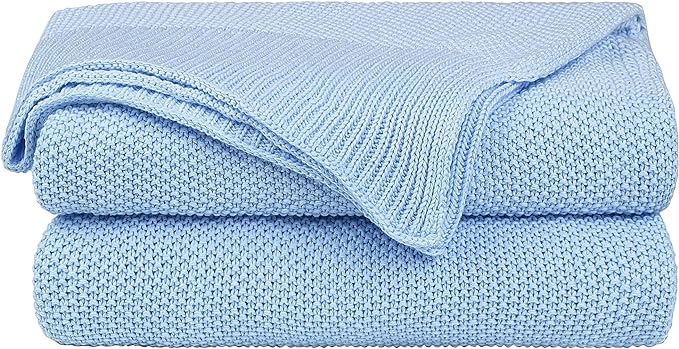 PiccoCasa 100% Cotton Knit Throw Blanket,Solid Lightweight Decorative Throws and Blankets,Soft Knitted Throw Blanket for Sofa Couch, Pale Blue 50" x 60"