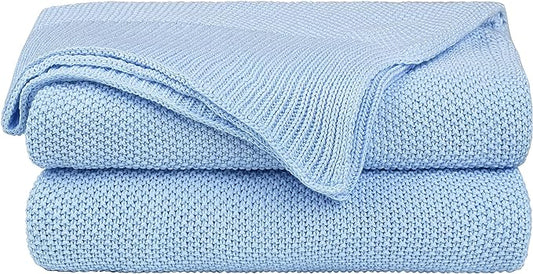PiccoCasa 100% Cotton Knit Throw Blanket,Solid Lightweight Decorative Throws and Blankets,Soft Knitted Throw Blanket for Sofa Couch, Pale Blue 50" x 60"