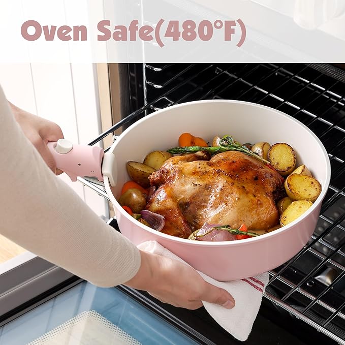 SENSARTE 17 Piece Ceramic Pots and Pans Set, Nonstick Detachable Handle Cookware, Induction Kitchen Cookware Set with Removable Handle, Dishwasher ＆ Oven Safe (Pink)