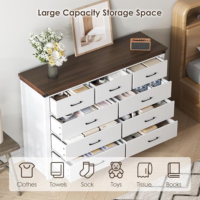 Farmhouse 9 Drawer Dresser for Bedroom, 52" Wide Chest of Drawers, Wooden Dresser TV Stand, Storage Dressers Organizer for Bedroom, Living Room, Hallway, White