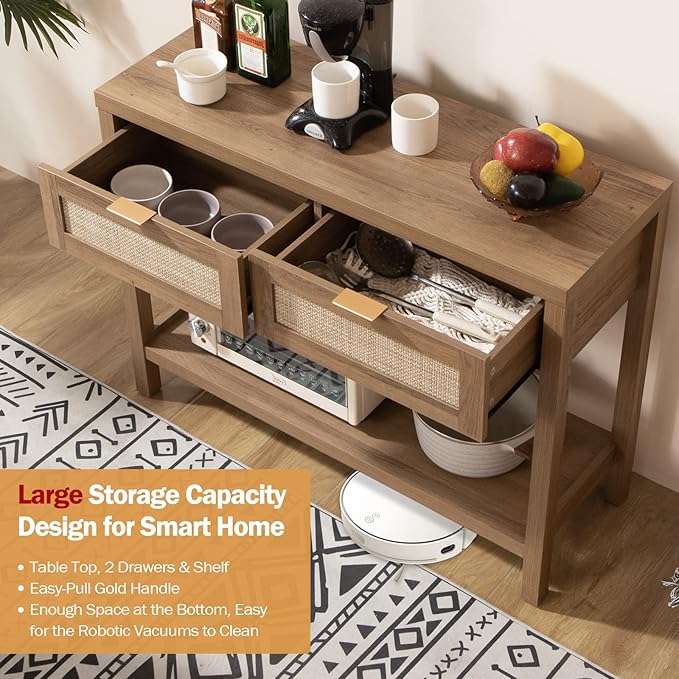 SICOTAS Console Table Set of 2 - Boho Entryway Table with Rattan Drawers, Rattan Console Table with 2 Tier Shelf, Narrow Long Sofa Tables for Living Room, Entry Table for Hallway, Foyer
