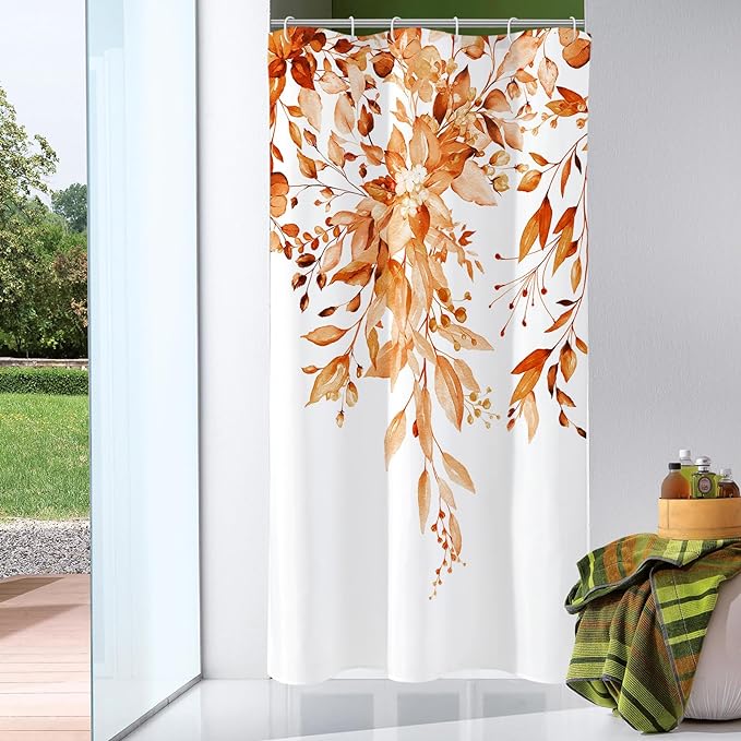 Gibelle Small Stall Shower Curtain 36 x 72, Narrow Orange Floral Shower Curtain for Bathroom, Fall Watercolor Plant Eucalyptus Leaves Fabric Shower Curtain Set with Hooks