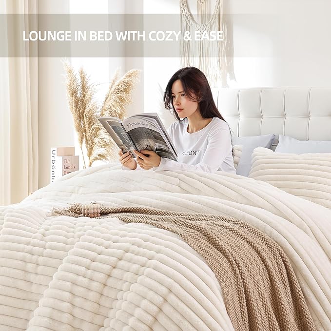 Smoofy Fluffy Full Size Comforter Sets 3 Pieces - Cream White Fleece Fluffy Comforter Set, Luxury Fuzzy Full Bed Set, Soft Comforter Full Size All Season, Heavy Faux Fur Comforter with 2 Pillow Cases