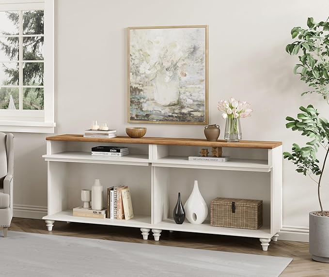 WAMPAT Farmhouse TV Stand for 75 inch TV, Wood Universal TV Stand with Storage Shelfves, Highboy Entertainment Center TV Console Table, White