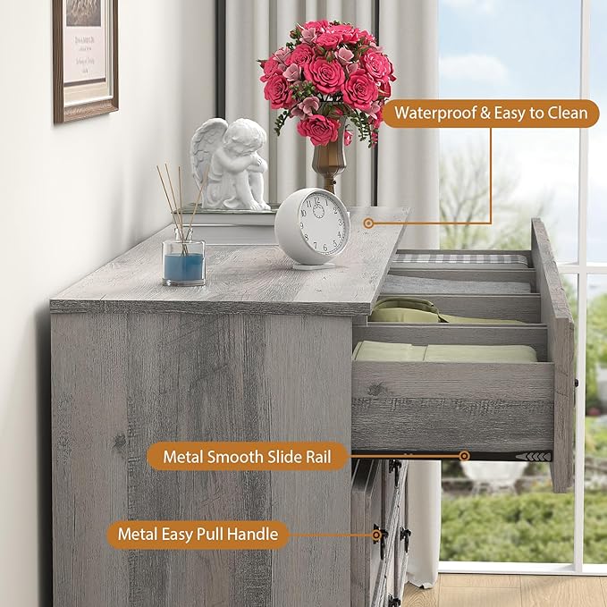 63”W Dressers for Bedroom, Grey Dresser with 10 Deep Drawer, Long Dressers & Chests of Drawers for Clothes, Easy Pulls Handle, Textured Borders, for Living Room, Hallway,Taupe Grey