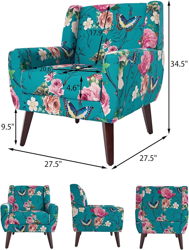 Accent Chair, Modern Linen Blend Arm Chair for Living Room, Bedroom, Comfy High-Resilient Sponge Reading Chair for Small Spaces (Pattern Floral Blue, Set of 2)