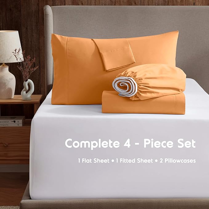Nestl Full XL Sheet Set - Luxury 1800 Ultra-Soft Microfiber Full Extra Long Bed Sheets - Double Brushed - Deep Pockets - Easy Fit - 4 Piece Set - Bedding Sheets & Pillowcases (Full XL, Light Orange)