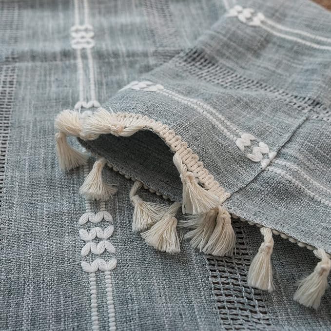 Boho Curtains for Bedroom Embroidery Striped Farmhouse Linen Curtains 63 Inch Length 2 Panels for Living Room Blue Bohemian Semi-Blackout Window Curtains Rod Pocket Drapes ( 52" W x 63" L,Blue)