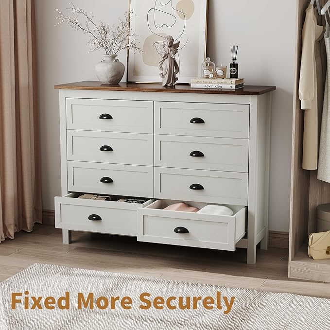 Farmhouse White Dresser for Bedroom, Wide Wood Dressers & Chests of Drawers, Modern 8 Drawer Double Dresser for Bedroom with Vintage Black Handle, 8 Drawer Dressers for Hallway, Antique White