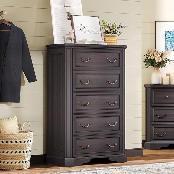Farmhouse 48" Tall 5 Drawers Dresser for Bedroom, Wood Rustic Chest of Drawers with Corner Bevel Shape, Closet Storage Dressers Organizer for Bedroom, Living Room, Hallway, Dark Brown
