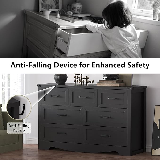 7-Drawer Dresser for Bedroom – 47" Wide Modern Wooden Chest with Natural Wood Texture, TV Stand & Storage, Metal Corner Brackets, Wood Drawer Organizer for Living Room, Hallway