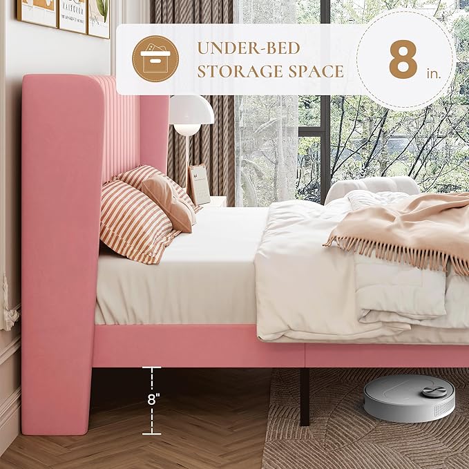 SHA CERLIN Queen Size Velvet Bed Frame with Vertical Channel Tufted Wingback Headboard, Upholstered Platform Bed with Wood Slats, No Box Spring Needed, Easy Assembly, Pink