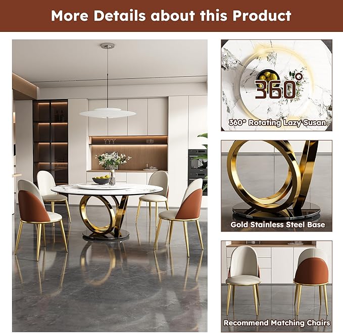 Dining Table Set with 4 Chairs, 59" Round Modern Marble Dining Table with Lazy Susan, Sintered Stone Top for Kitchen, Dining Room, Dinette
