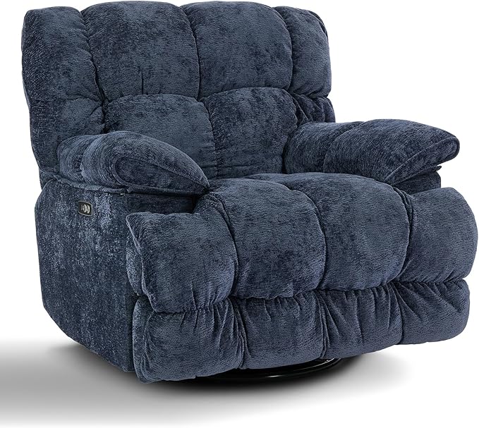 GINGO Power Oversized Recliner Chair, Extra Wide Swivel Rocking Recliner Chair, Breathable Soft Fabric Modern Single Sofa for Living Room, 90°-140° Electric Adjustable Angle, USB & Type-C Port, Blue