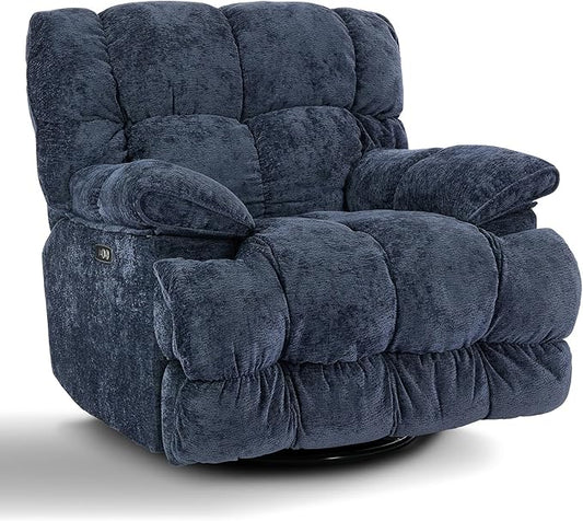 GINGO Power Oversized Recliner Chair, Extra Wide Swivel Rocking Recliner Chair, Breathable Soft Fabric Modern Single Sofa for Living Room, 90°-140° Electric Adjustable Angle, USB & Type-C Port, Blue
