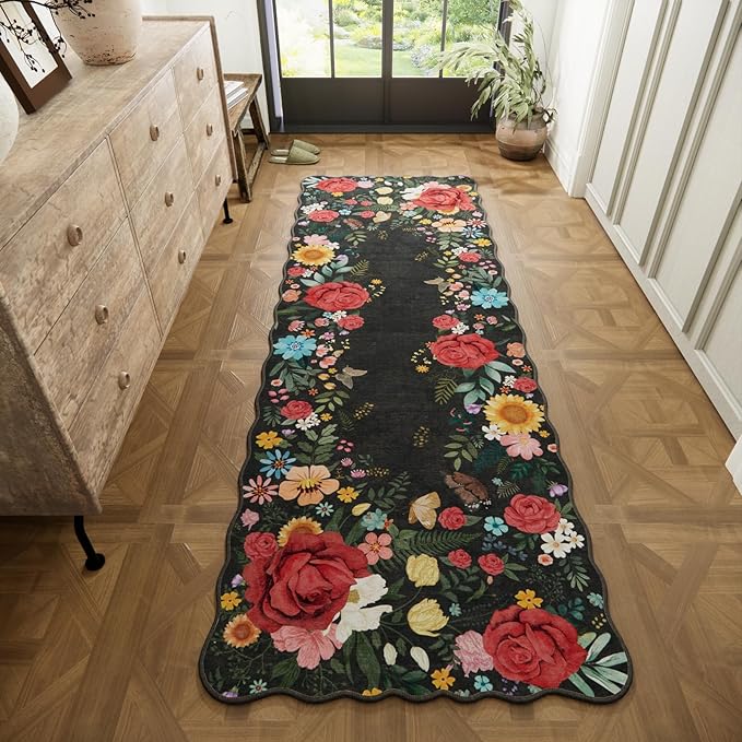 Floral Hallway Runner Rug 2'6"x8' Non Slip Washable Kitchen Rug Runners Boho Vintage Low Pile Carpet for Entryway, Laundry Room High Traffic Areas, Indoor Rug for Bathroom (Black