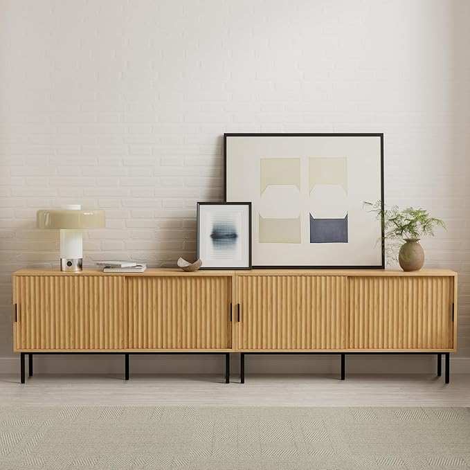 Fluted Tv Stand Set of 2, Modern Entertainment Center with Adjustable Shelves, Sliding Doors, Wood Media Console with Storage for Living Room, Natural Oak