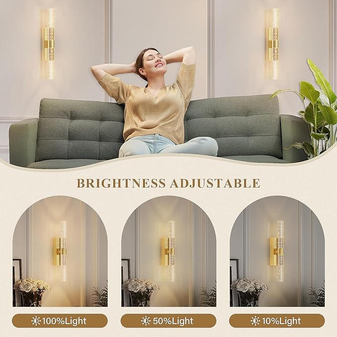 Battery Operated Gold Wall Sconces Set of 2 Rechargeable Battery Powered Wall Light with 12000mAh Not Hardwired Dimmable Wall Lamp Fixtures for Bedroom Living Room 15.3 Inches