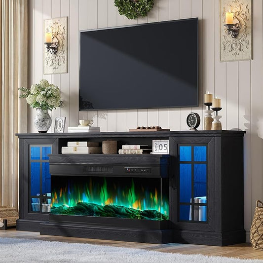 AMERLIFE 75in 3-Sided Glass Fireplace TV Stand with LED Lights for TVs up to 85", Rustic Fireplace Media Entertainment Center Console Cabinet Table with Glass Door Closed Storage, Black