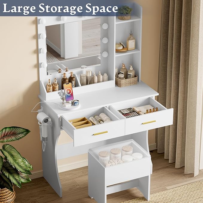 Makeup Vanity Desk with Mirror and Lights, Small Makeup Vanity Table Set with Drawers, Power Outlet & Storage Stool, White Vanity with 3 Lighting Modes LED for Women Girls Bedroom