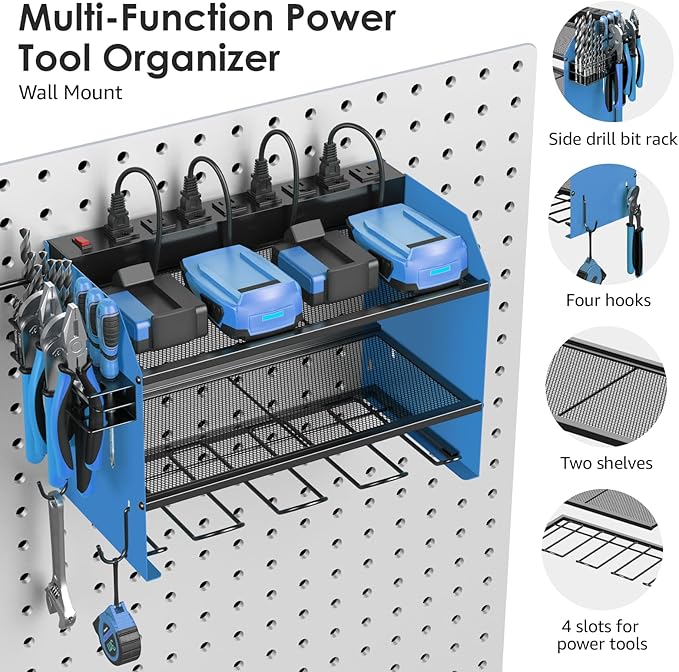 CCCEI Set Power Tool Organizer Wall Mount with Charging Station. Garage 4 Drill Storage Shelf with Hooks, Heavy Duty Metal Tool Battery Charger Organizer. Shop Utility Rack with Power Strip Blue.