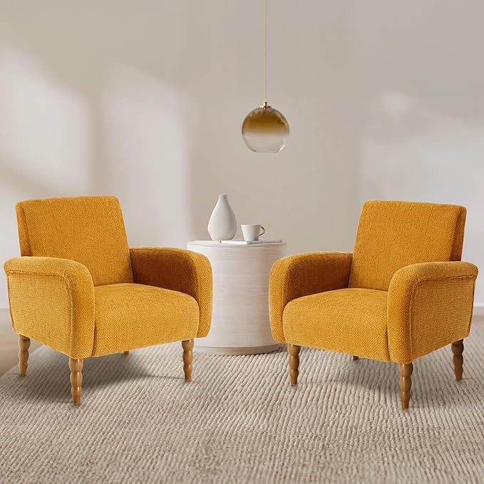 Accent Armchair Set of 1, Mid-Century Modern Living Room Chairs with Gourd-Like Shape Wooden Legs, Chenille Upholstered Single Sofa Reading Chair for Living Room Bedroom Guest Room,Yellow