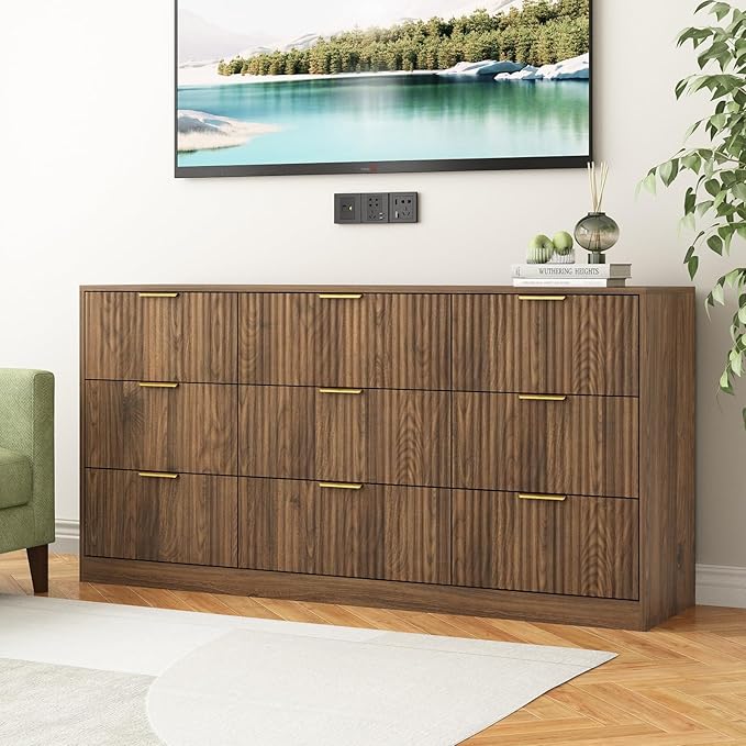 9 Drawer Dresser for Bedroom with Deep Drawers, 63" Wide Wood Dresser, Large Floor Chest of Drawers, Modern Long TV Stand, Mid Century Storage Cabinet Side Table, Natural