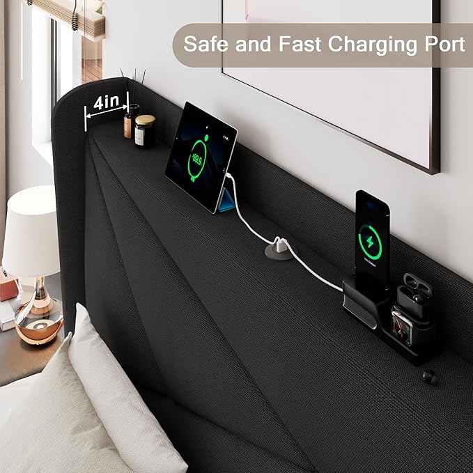 Queen Size Upholstered Bed Frame with Charging Station, Platform Bed Frame with Storage Headboard, Solid Wood Slats Support, No Box Spring Needed, Black