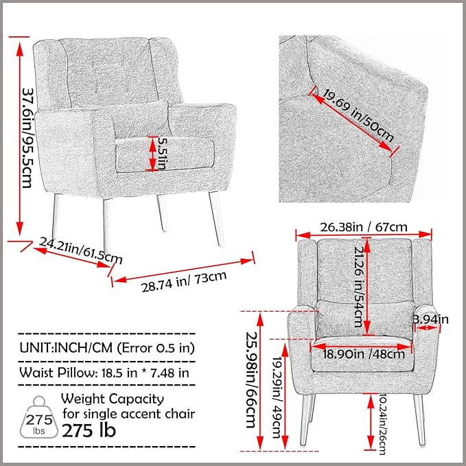 Accent Chair, Comfy Upholstered Living Room Chairs with High Tufted Backrest and Pillow, Wingback Reading Chair with Solid Wood Legs for Bedroom/Office, Chenille Fabric, Beige