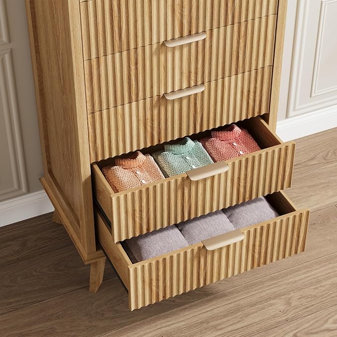 QUW Fluted 6 Drawer Dresser for Bedroom, Modern Tall Chest of Drawers with Metal Handle, Large Wood Storage Chest Organizer Accent Storage Cabinet for Living Room, Hallway, Entryway, Natural Oak