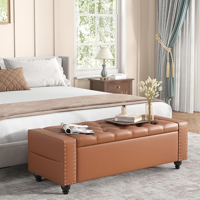 Maupvit Storage Ottoman Bench, 49 Inch Bedroom Bench, Upholstered Ottoman with Storage, Entryway Bench with Tufted Button, Faux Leather Window Bench for Bedroom, Living Room, Entryway, Hallway, Brown