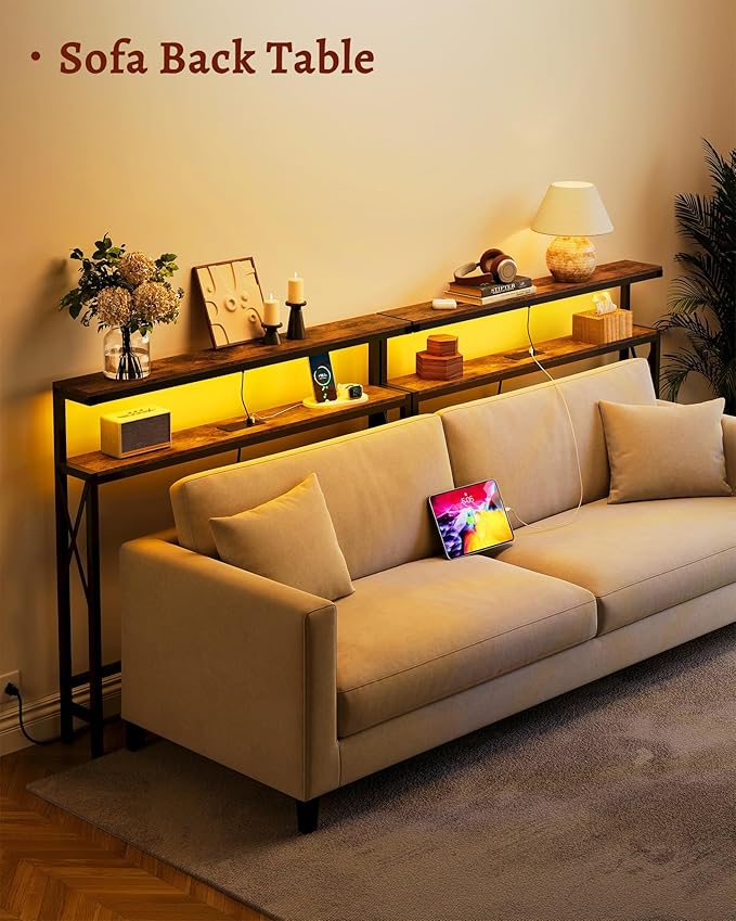 FAVOOSTY 5.9" Narrow Console Table with Led Light and Charging Station 46.8" Behind Couch Table Skinny Sofa Table with Power Outlets for Living Room, Hallway, EntryWay, Rustic Brown&Black