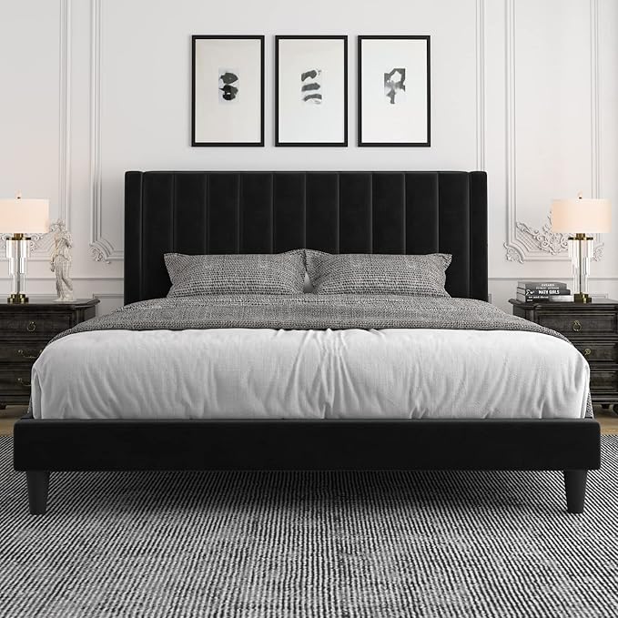 Allewie King Bed Frame/Velvet Upholstered Bed Frame with Vertical Channel Tufted Headboard/Strong Wooden Slats/Platform Bed Frame/Mattress Foundation/Box Spring Optional/Easy Assembly/Black