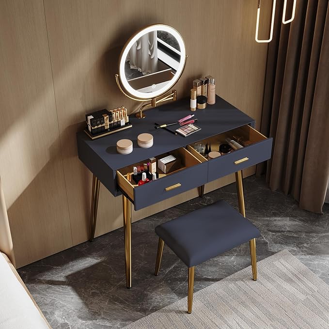 Vanity Desk with Adjustable Mirror and Lights, Makeup Desk with Drawers and Chair, Dressing Table Set with Leather Surface, Small Vanity Table for Bedroom, 3 Lighting Modes (Blue)