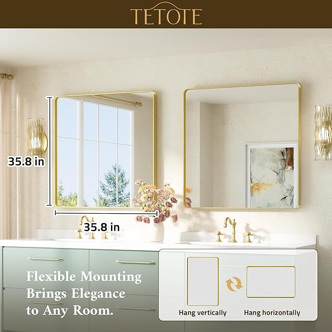 TETOTE Gold Framed Mirror 36 x 36 Vanity Mirrors for Wall Decor Brushed Gold Bathroom Mirrors, Tempered Glass, Modern Farmhouse Wall Mounted Mirror for Decorative(Horizontal/Vertical)