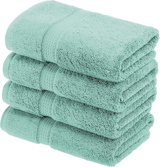 Superior Egyptian Cotton Pile Hand Towel Set of 4, Ultra Soft Luxury Towels, Thick Plush Essentials, Absorbent Heavyweight, Guest Bath, Hotel, Spa, Home Bathroom, Shower Basics, Sea Foam