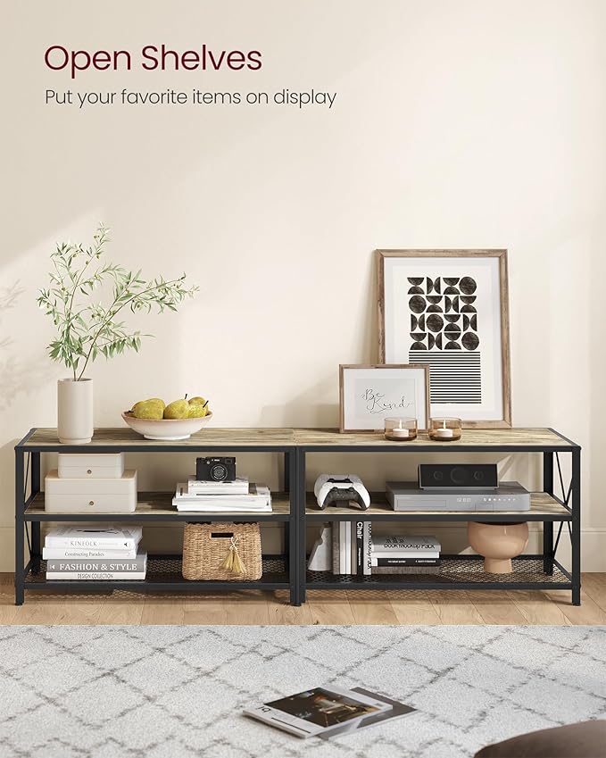 VASAGLE TV Stand, TV Console for TVs Up to 75 Inches, TV Table, 70.1 Inches Width, TV Cabinet with Storage Shelves, Steel Frame, for Living Room, Bedroom, Turquoise Brown and Black ULTV096B60