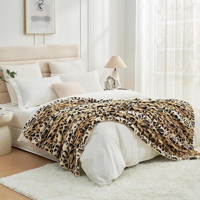 Cozy Bliss Luxury Faux Fur Throw Blanket Leopard Print, Non Shedding Double Sided Sherpa Blankets Super Soft Fluffy Thick Warm Throws Home Decor for Couch Bed Sofa Women,60"*80"Inches Brown Leopard