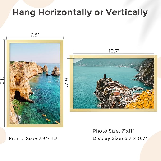 7x11 Metal Picture Frame - Gold Aluminum Picture Frames with Real Glass, Wall Mounting Horizontally or Vertically, Simple and Elegant Decor for Wall Gallery Poster Photo 11x7 Frame, Gold