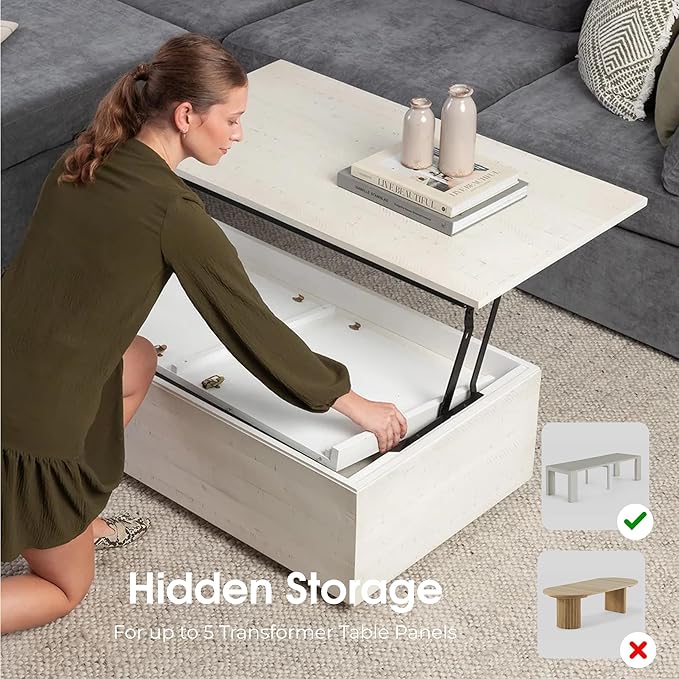 Transformer Table Lift Top Coffee Table with Storage, Modern Coffee Table for Living Room, Home Office & Dining, Space-Saving Small Coffee Desk with Panel Hidden Storage for Transformer Dining Table