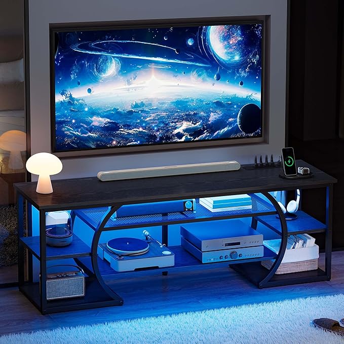 YITAHOME TV Stand for up to 70-inch TVs, Modern Black TV Stands for Living Room w/Power Outlets,LED Entertainment Center with Storage, TV Media Console Cabinet, Black