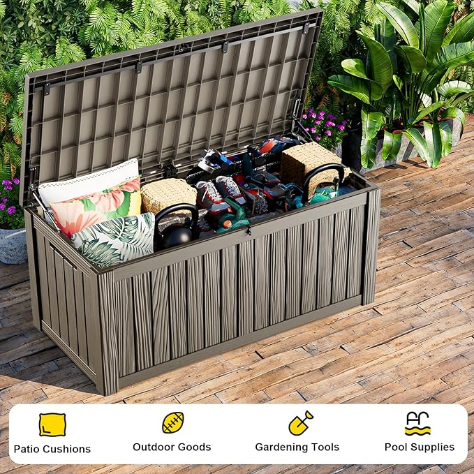 120 Gallon Outdoor Storage Box, Resin Waterproof UV-Resistant Deck Box with Hydraulic Lid Support, Reinforced Stability for Patio, Garden, and Poolside, Striped Gray