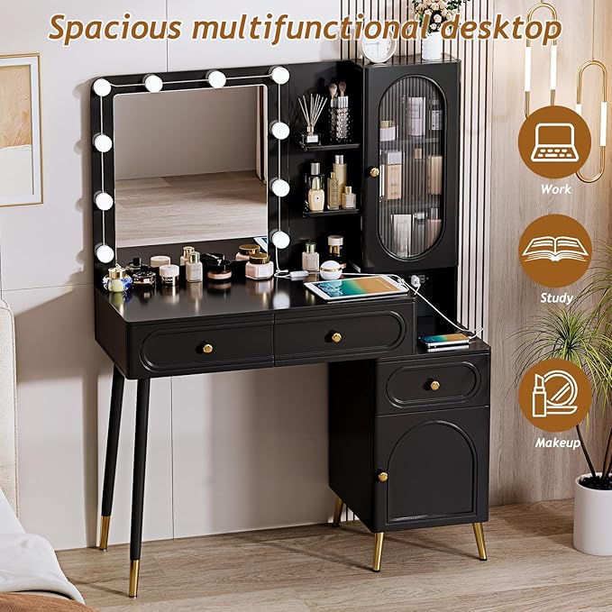 Vanity Desk with Mirror and Lights, with Power Outlet and 10 Lights Modern Capacity Makeup Vanity with 3 Drawers, Makeup Table for Bedroom,Makeup Room,Black