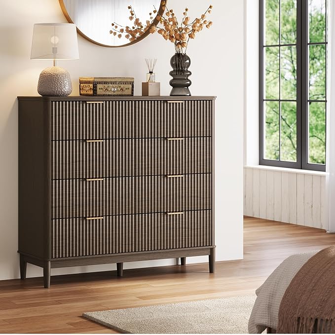 LINSY HOME Fluted Dresser for Bedroom with 8 Drawers, 47" Wide Chest of Drawers, Mid Century Modern Dresser TV Stand with Metal Handle, Wood Closet Storage Cabinet for Living Room, Hallway, Walnut
