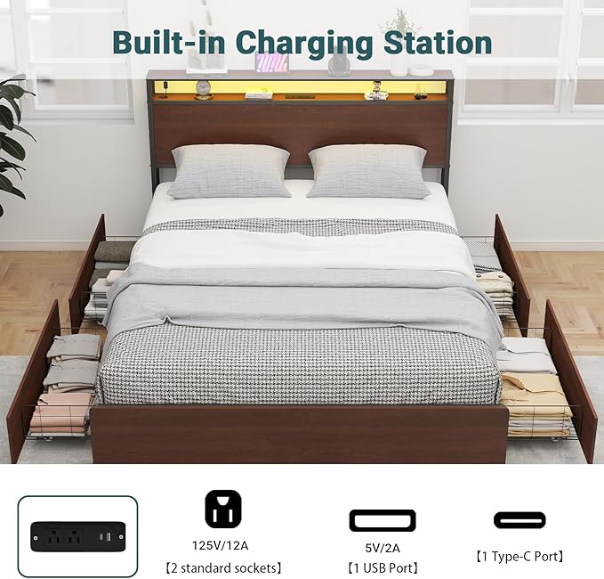 Full Size Bed Frame with 4 Storage Drawers, Full Platform Bed Frames with 2 Tier Storage Headboard, Charging Station, Adjustable LED Light, Noise-Free, No Box Spring Required, Reddish Brown