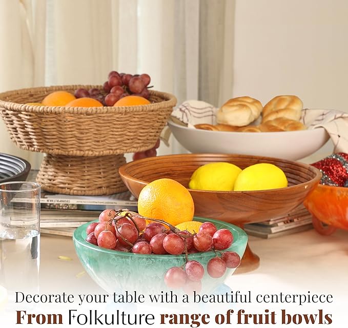 Folkulture Wooden Fruit Bowl for Kitchen Counter | 12" Large Premium Eco Friendly Banana Fruit Basket for Kitchen | Acacia Wood Bowl with Holder, Pedestal for Table Decor, Centerpiece for Dining Table